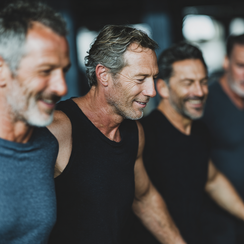 Group of middle-aged men supporting each other in fitness and personal development journey