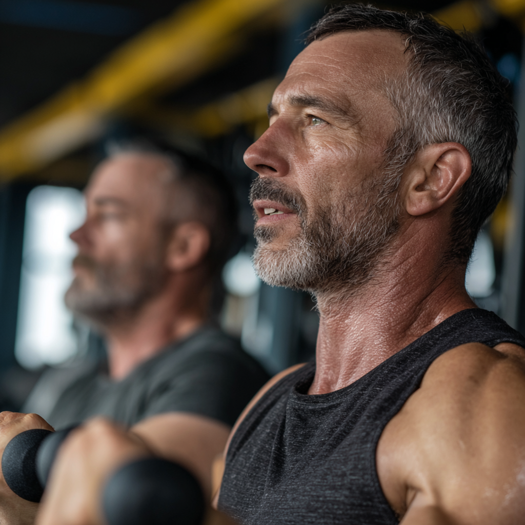 Middle-aged men engaged in strength training and personal development activities